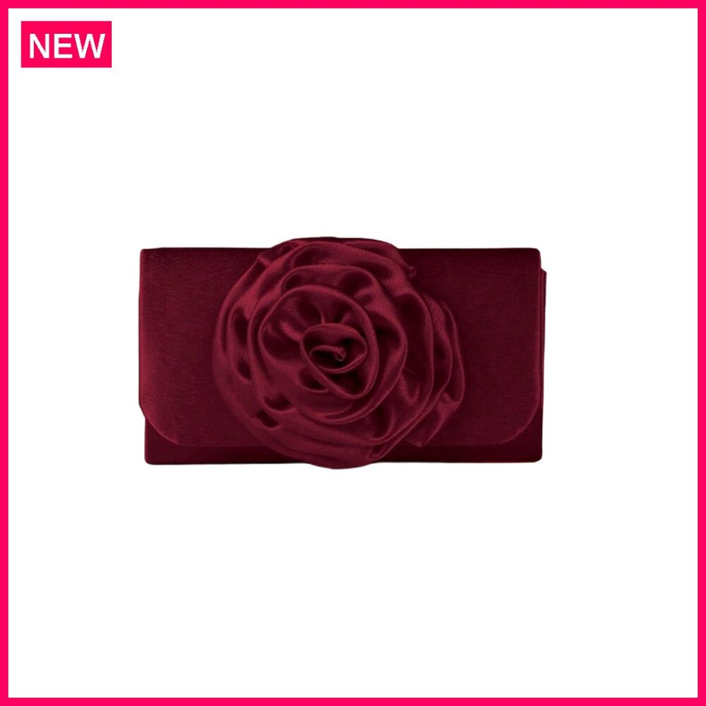 Satin Evening Clutch With 3d Flower Flap, Magnetic Closure, One Size